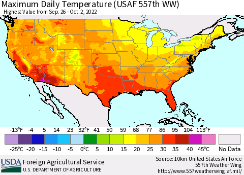 United States Maximum Daily Temperature (USAF 557th WW) Thematic Map For 9/26/2022 - 10/2/2022