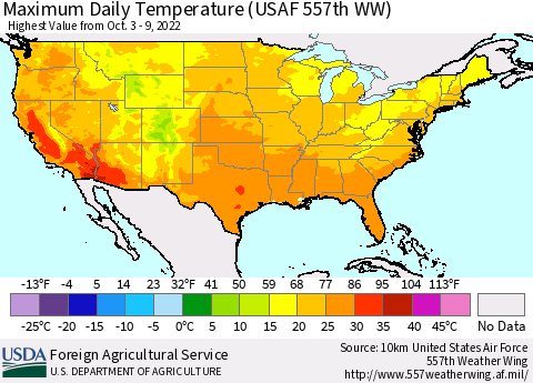 United States Maximum Daily Temperature (USAF 557th WW) Thematic Map For 10/3/2022 - 10/9/2022