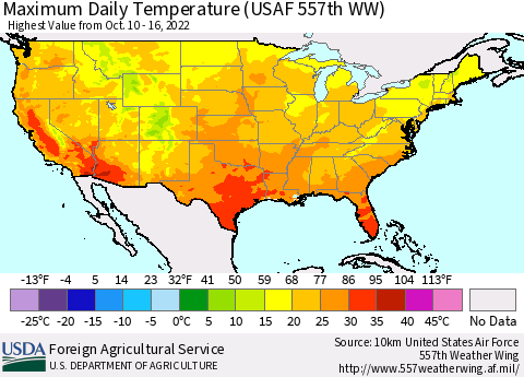 United States Maximum Daily Temperature (USAF 557th WW) Thematic Map For 10/10/2022 - 10/16/2022