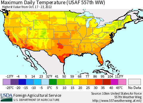 United States Maximum Daily Temperature (USAF 557th WW) Thematic Map For 10/17/2022 - 10/23/2022