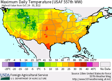 United States Maximum Daily Temperature (USAF 557th WW) Thematic Map For 10/24/2022 - 10/30/2022