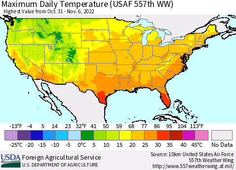 United States Maximum Daily Temperature (USAF 557th WW) Thematic Map For 10/31/2022 - 11/6/2022