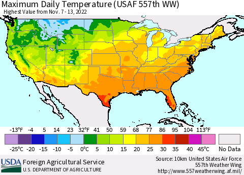 United States Maximum Daily Temperature (USAF 557th WW) Thematic Map For 11/7/2022 - 11/13/2022
