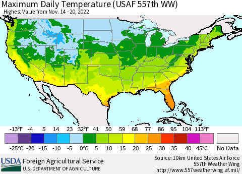 United States Maximum Daily Temperature (USAF 557th WW) Thematic Map For 11/14/2022 - 11/20/2022