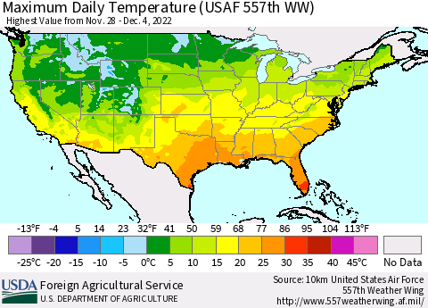 United States Maximum Daily Temperature (USAF 557th WW) Thematic Map For 11/28/2022 - 12/4/2022