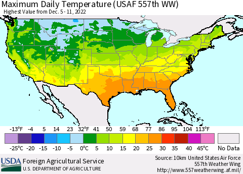 United States Maximum Daily Temperature (USAF 557th WW) Thematic Map For 12/5/2022 - 12/11/2022