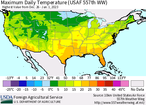 United States Maximum Daily Temperature (USAF 557th WW) Thematic Map For 12/26/2022 - 1/1/2023