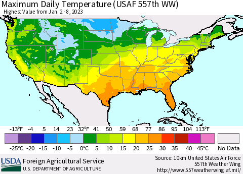United States Maximum Daily Temperature (USAF 557th WW) Thematic Map For 1/2/2023 - 1/8/2023