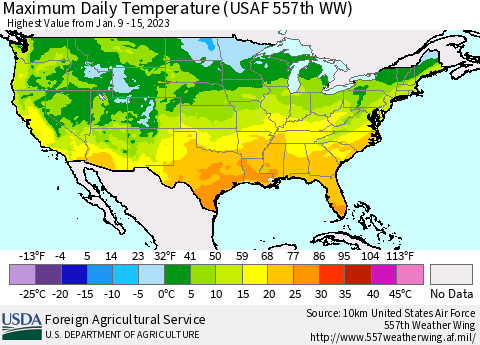 United States Maximum Daily Temperature (USAF 557th WW) Thematic Map For 1/9/2023 - 1/15/2023