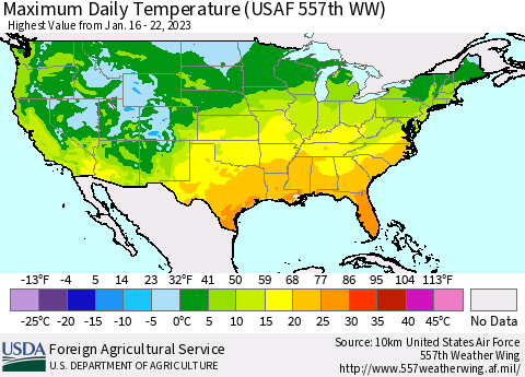 United States Maximum Daily Temperature (USAF 557th WW) Thematic Map For 1/16/2023 - 1/22/2023