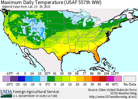 United States Maximum Daily Temperature (USAF 557th WW) Thematic Map For 1/23/2023 - 1/29/2023