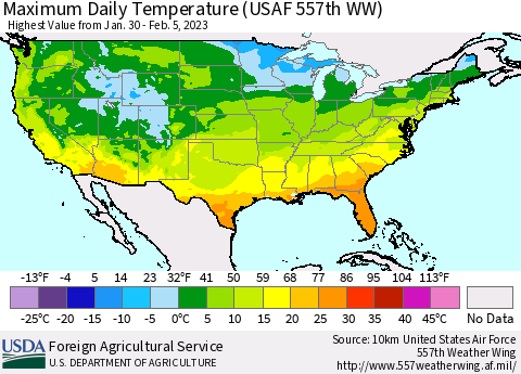 United States Maximum Daily Temperature (USAF 557th WW) Thematic Map For 1/30/2023 - 2/5/2023