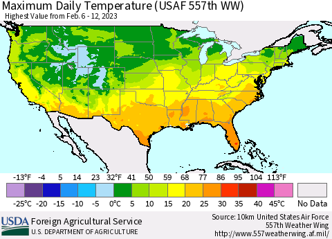 United States Maximum Daily Temperature (USAF 557th WW) Thematic Map For 2/6/2023 - 2/12/2023