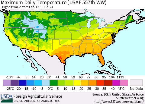 United States Maximum Daily Temperature (USAF 557th WW) Thematic Map For 2/13/2023 - 2/19/2023