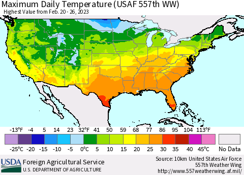 United States Maximum Daily Temperature (USAF 557th WW) Thematic Map For 2/20/2023 - 2/26/2023