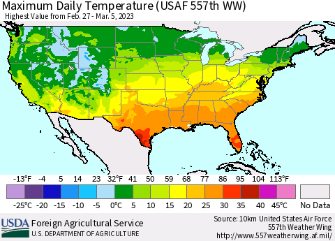 United States Maximum Daily Temperature (USAF 557th WW) Thematic Map For 2/27/2023 - 3/5/2023