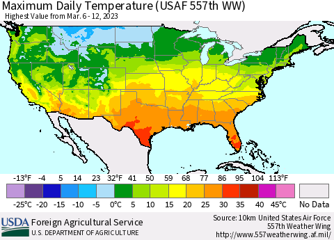 United States Maximum Daily Temperature (USAF 557th WW) Thematic Map For 3/6/2023 - 3/12/2023