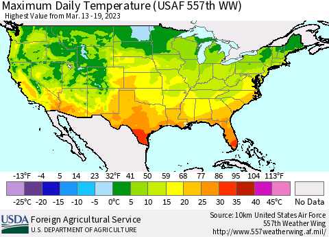 United States Maximum Daily Temperature (USAF 557th WW) Thematic Map For 3/13/2023 - 3/19/2023