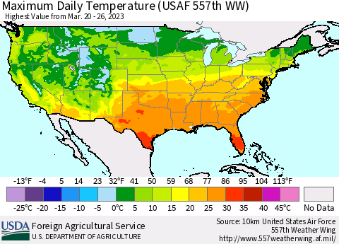 United States Maximum Daily Temperature (USAF 557th WW) Thematic Map For 3/20/2023 - 3/26/2023
