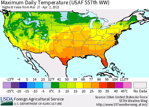 United States Maximum Daily Temperature (USAF 557th WW) Thematic Map For 3/27/2023 - 4/2/2023