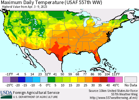 United States Maximum Daily Temperature (USAF 557th WW) Thematic Map For 4/3/2023 - 4/9/2023