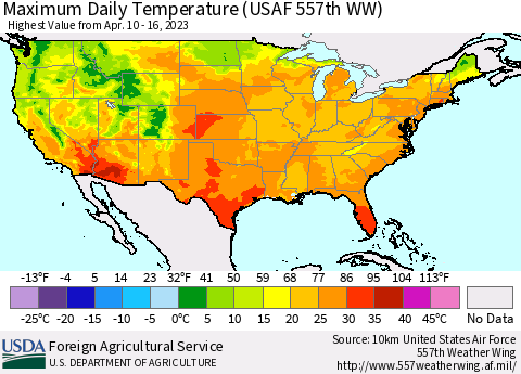 United States Maximum Daily Temperature (USAF 557th WW) Thematic Map For 4/10/2023 - 4/16/2023