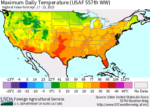 United States Maximum Daily Temperature (USAF 557th WW) Thematic Map For 4/17/2023 - 4/23/2023