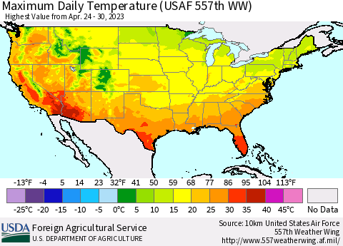 United States Maximum Daily Temperature (USAF 557th WW) Thematic Map For 4/24/2023 - 4/30/2023