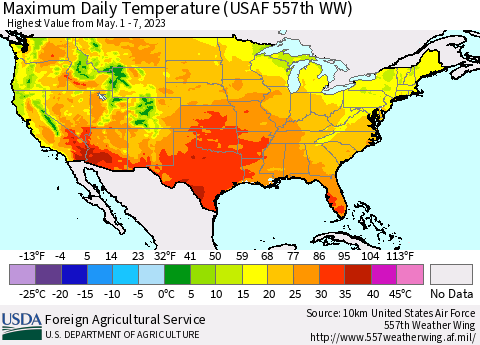 United States Maximum Daily Temperature (USAF 557th WW) Thematic Map For 5/1/2023 - 5/7/2023