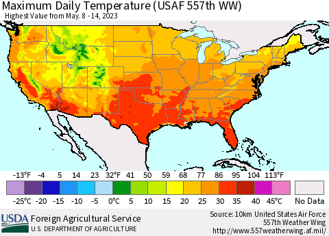 United States Maximum Daily Temperature (USAF 557th WW) Thematic Map For 5/8/2023 - 5/14/2023