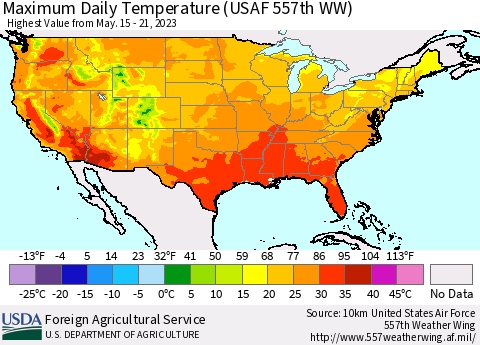 United States Maximum Daily Temperature (USAF 557th WW) Thematic Map For 5/15/2023 - 5/21/2023