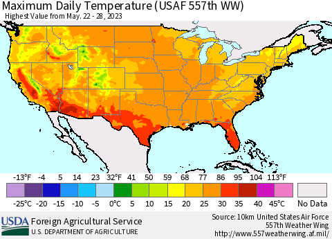 United States Maximum Daily Temperature (USAF 557th WW) Thematic Map For 5/22/2023 - 5/28/2023