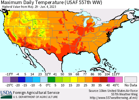 United States Maximum Daily Temperature (USAF 557th WW) Thematic Map For 5/29/2023 - 6/4/2023