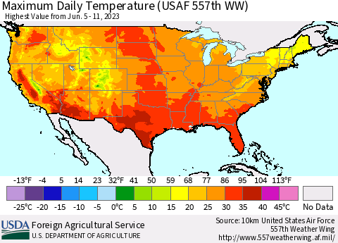 United States Maximum Daily Temperature (USAF 557th WW) Thematic Map For 6/5/2023 - 6/11/2023