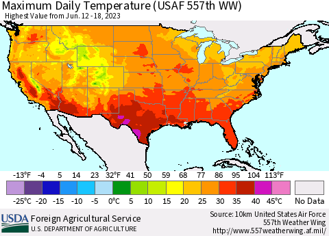 United States Maximum Daily Temperature (USAF 557th WW) Thematic Map For 6/12/2023 - 6/18/2023