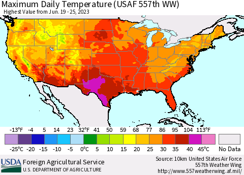United States Maximum Daily Temperature (USAF 557th WW) Thematic Map For 6/19/2023 - 6/25/2023