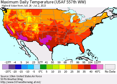 United States Maximum Daily Temperature (USAF 557th WW) Thematic Map For 6/26/2023 - 7/2/2023