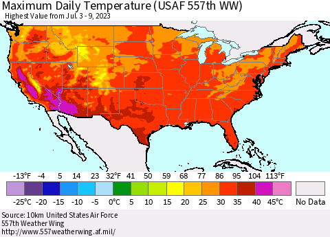 United States Maximum Daily Temperature (USAF 557th WW) Thematic Map For 7/3/2023 - 7/9/2023