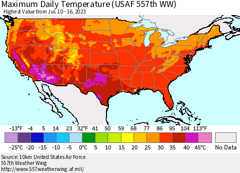 United States Maximum Daily Temperature (USAF 557th WW) Thematic Map For 7/10/2023 - 7/16/2023