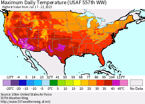 United States Maximum Daily Temperature (USAF 557th WW) Thematic Map For 7/17/2023 - 7/23/2023
