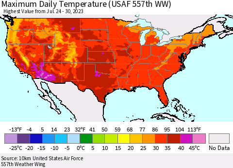 United States Maximum Daily Temperature (USAF 557th WW) Thematic Map For 7/24/2023 - 7/30/2023
