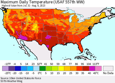 United States Maximum Daily Temperature (USAF 557th WW) Thematic Map For 7/31/2023 - 8/6/2023