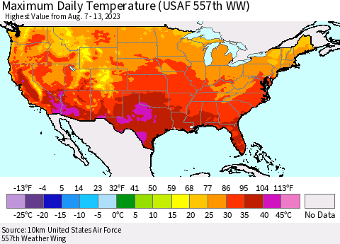 United States Maximum Daily Temperature (USAF 557th WW) Thematic Map For 8/7/2023 - 8/13/2023