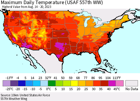 United States Maximum Daily Temperature (USAF 557th WW) Thematic Map For 8/14/2023 - 8/20/2023