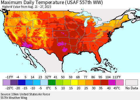 United States Maximum Daily Temperature (USAF 557th WW) Thematic Map For 8/21/2023 - 8/27/2023