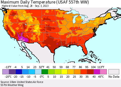 United States Maximum Daily Temperature (USAF 557th WW) Thematic Map For 8/28/2023 - 9/3/2023