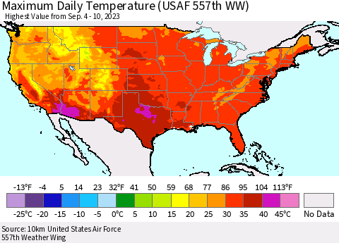 United States Maximum Daily Temperature (USAF 557th WW) Thematic Map For 9/4/2023 - 9/10/2023