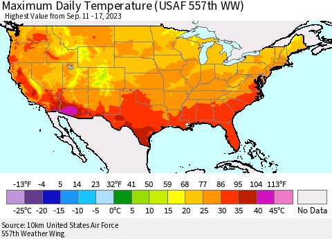 United States Maximum Daily Temperature (USAF 557th WW) Thematic Map For 9/11/2023 - 9/17/2023