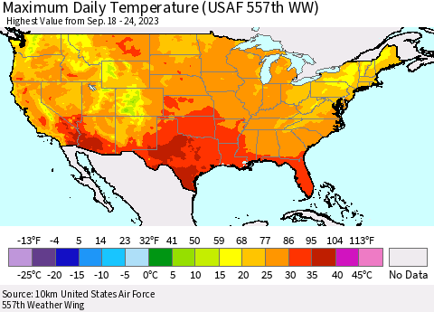 United States Maximum Daily Temperature (USAF 557th WW) Thematic Map For 9/18/2023 - 9/24/2023