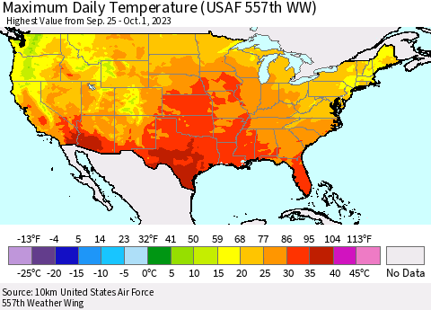 United States Maximum Daily Temperature (USAF 557th WW) Thematic Map For 9/25/2023 - 10/1/2023